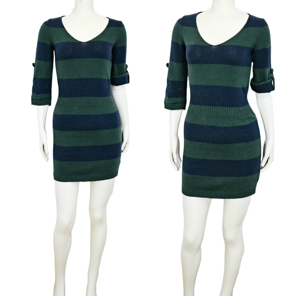 Y2K Rugby Striped Sweater Dress Tunic Bodycon Blue and Green Preppy Vintage - Picture 1 of 3